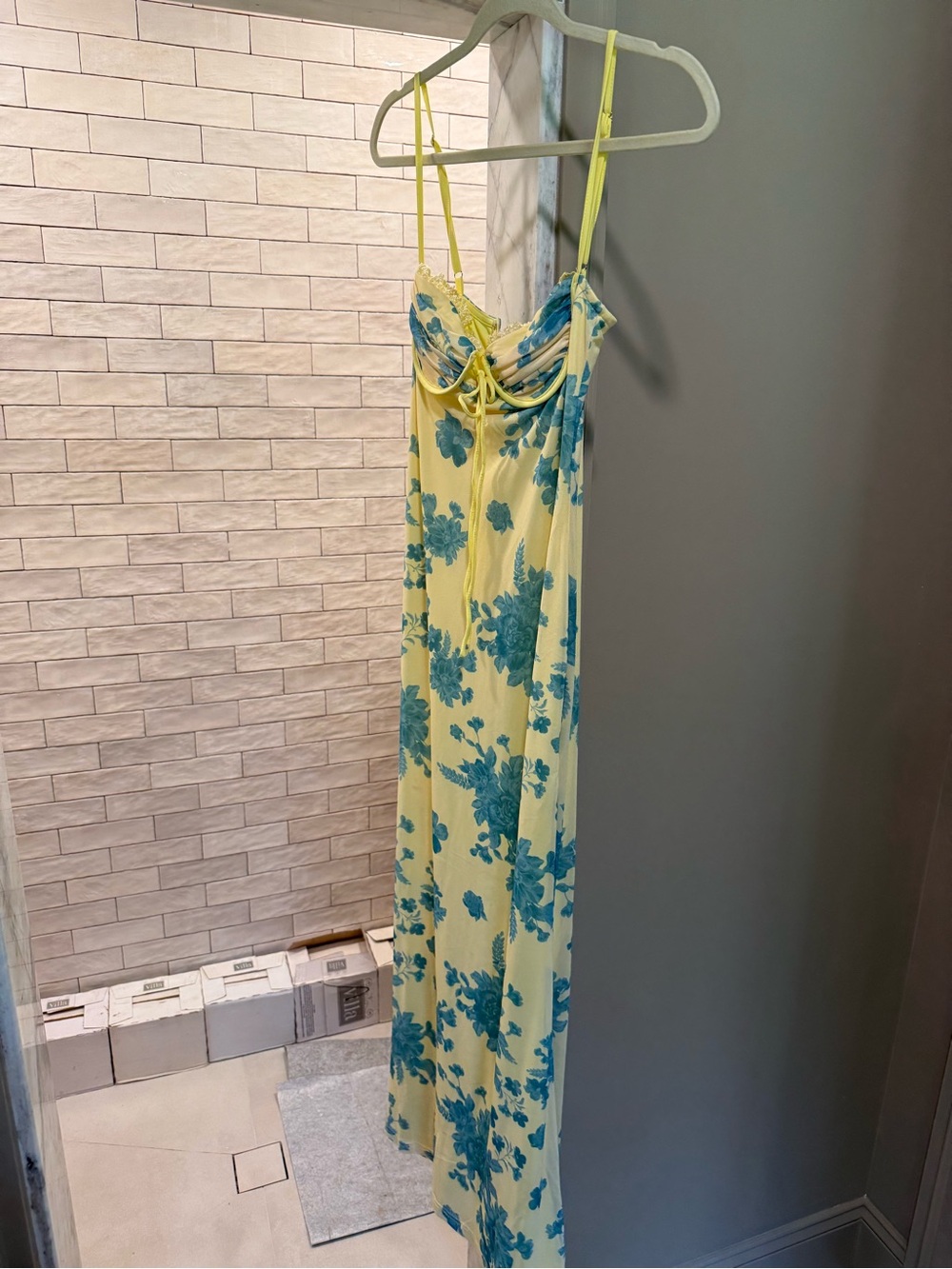 Selfie Leslie Yellow Maxi Dress with Teal Floral Print and Spaghetti Straps